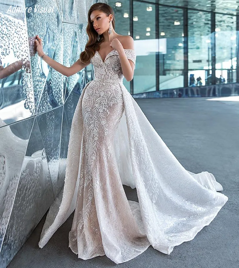 Robe de Mariée Sirène 2 en 1 avec Apliques en Dentelle sur Mesure, Tenue Éducative, Nouvelle Collection