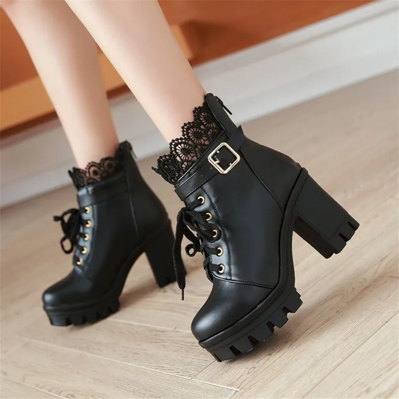 High Heels Women Winter Boots Zipper Motorcycle Boots Warm Fur Round Toe Platform Boots Female Ankle Boots Plus Size 43