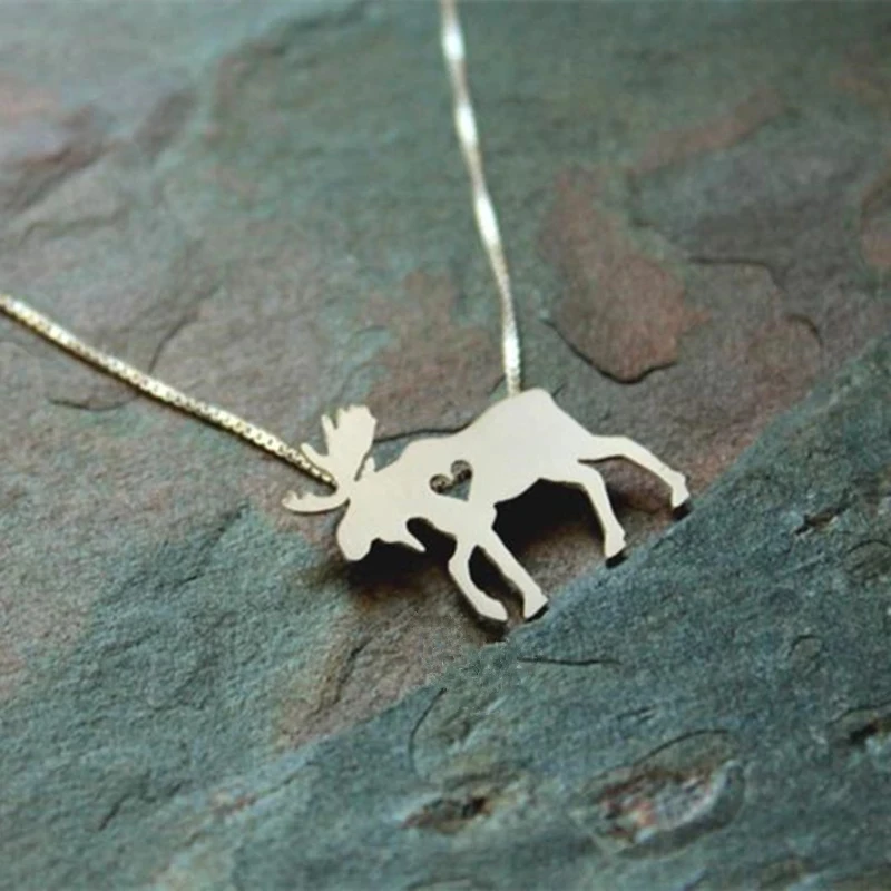 Simple Silver Color Little Moose Pendant Necklace Charm Female Heart-Shaped Necklace Girl Bohemian Accessories