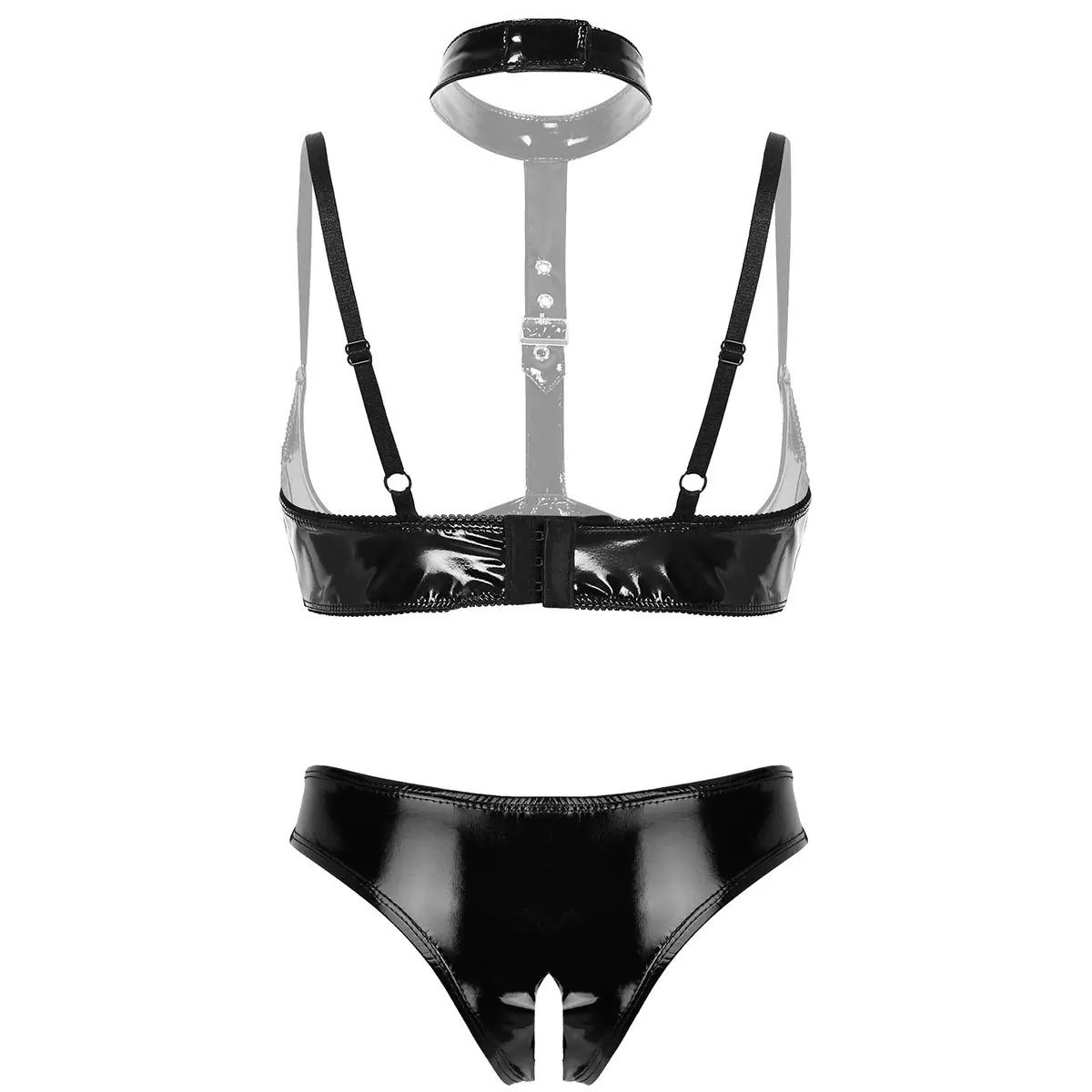 Women Latex Hot Sexy Lingerie Set Patent Leather Erotic Porn Underwear Push Up Open Cups Bra Tops with Crotchless Briefs Panties