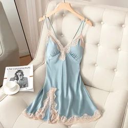 Spaghetti strap camisola feminina cetim verão sexy lingerie íntima vestido de dormir macio com decote em v vestido de vestir para casa