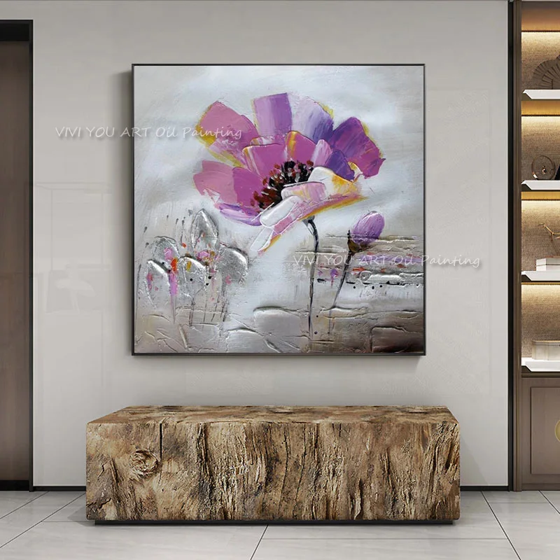 100% Handmade Beautiful Abstract Painting Purple Flower On Linen Canvas With Textured Acrylic Paint For Home Decoration