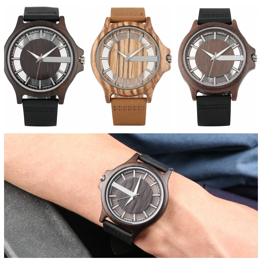 

Ebony Wood Watch Men's Transparent Hollow Dial Wooden Watches Analog Timepiece Vintage Quartz Wrist Watch Clock Reloj de madera