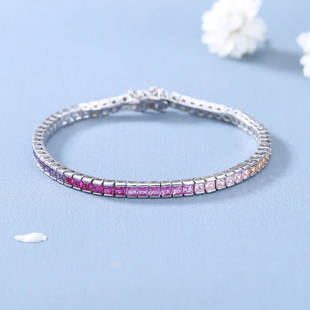 Pure Silver 17.5 CM Tennis Bracelet 4 mm Wide Square Chain With Full 2.5*2.5mm Bling Rainbow Zircon Real 925 Jewelry For Women