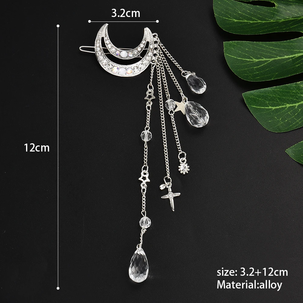 Fashion Elegant Women Hair Bands Lady Moon Rhinestone Crystal Tassel Long Chain Beads Dangle Hairpin Hair Clip Hair Jewelry