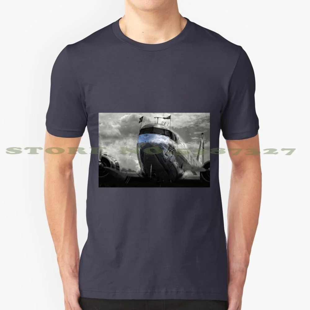 

3 Dakota Norway 100% Pure Cotton T-Shirt Dc3 Dakota Aircraft Airplane Norway Passenger Silver Reflection Sky Cloud Duxford