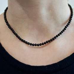 4mm Natural Onyx Beads Necklaces Polished Black Stone Necklaces Women Men Fashion Choker Classic Jewelry Gift Dropshipping 16in