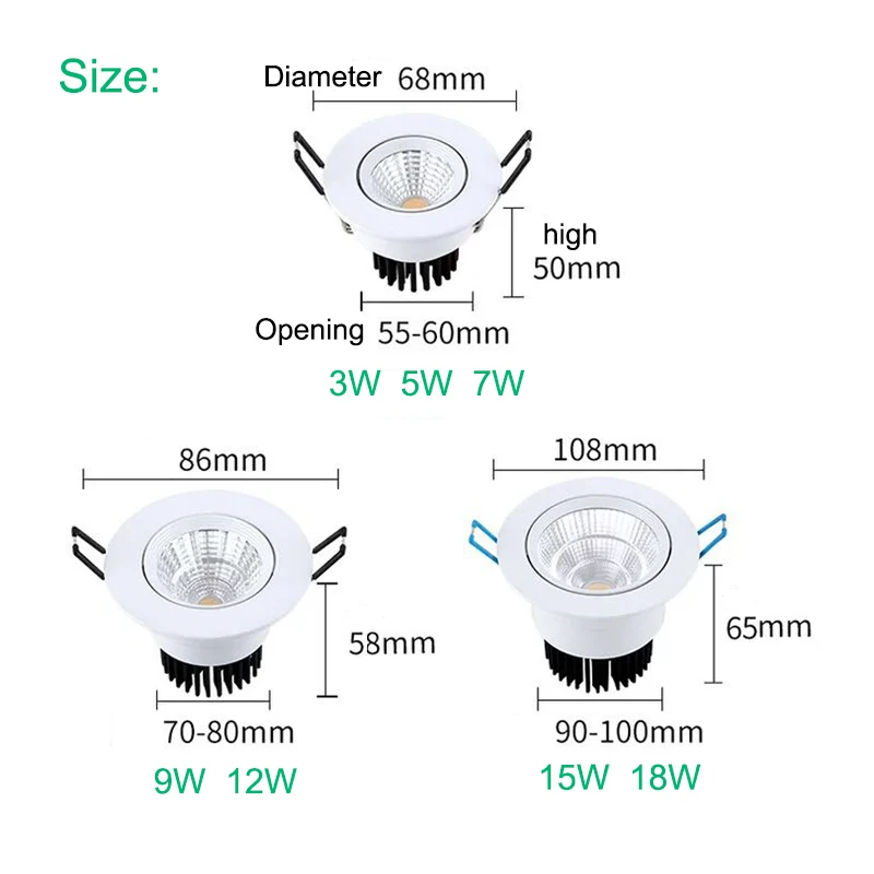 Foco de luz LED COB regulable, empotrado en el techo, para el hogar, Iluminación comercial, AC85V-265V5W7W9W12W15W18W