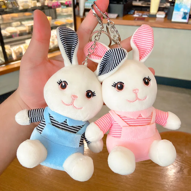 

Kawaii Bunny In Overalls Horizontal Stuffed Big Ear Rabbit Plush Keychain Toy For Women Boy Girl Kid Backpacks Car Pendants