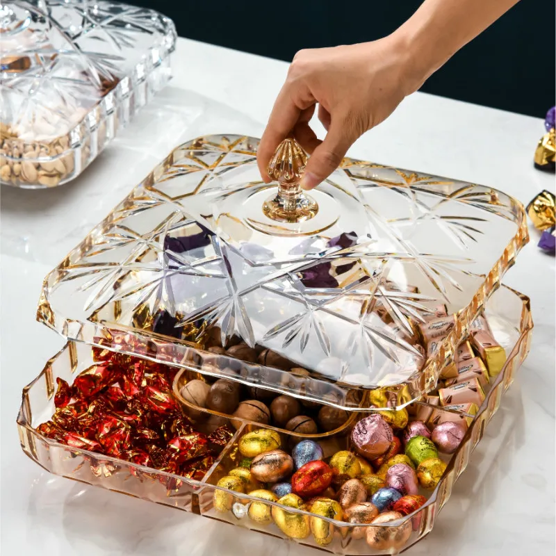 

European Fruit Plates Luxury Dish Ornaments Plastic Fashion Creativity Serving Compartment With Cover Candy Boxes Transparent