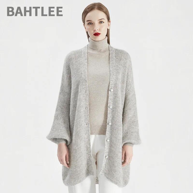 BAHTLEE-Women's Mohair Knitting Long Cardigan, Wool Sweater, Lantern Sleeves, Pearl Button, V-Neck, Loose Style, Autumn, Winter