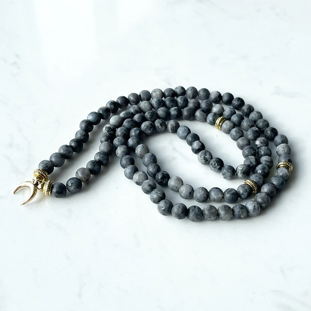 Ruberthen 6 mm Matte Gray Larvikite 108 Mala Bracelet Women`s Yoga Spiritual Wrap Energy Bracelet New Moon Charm Mala Jewelry