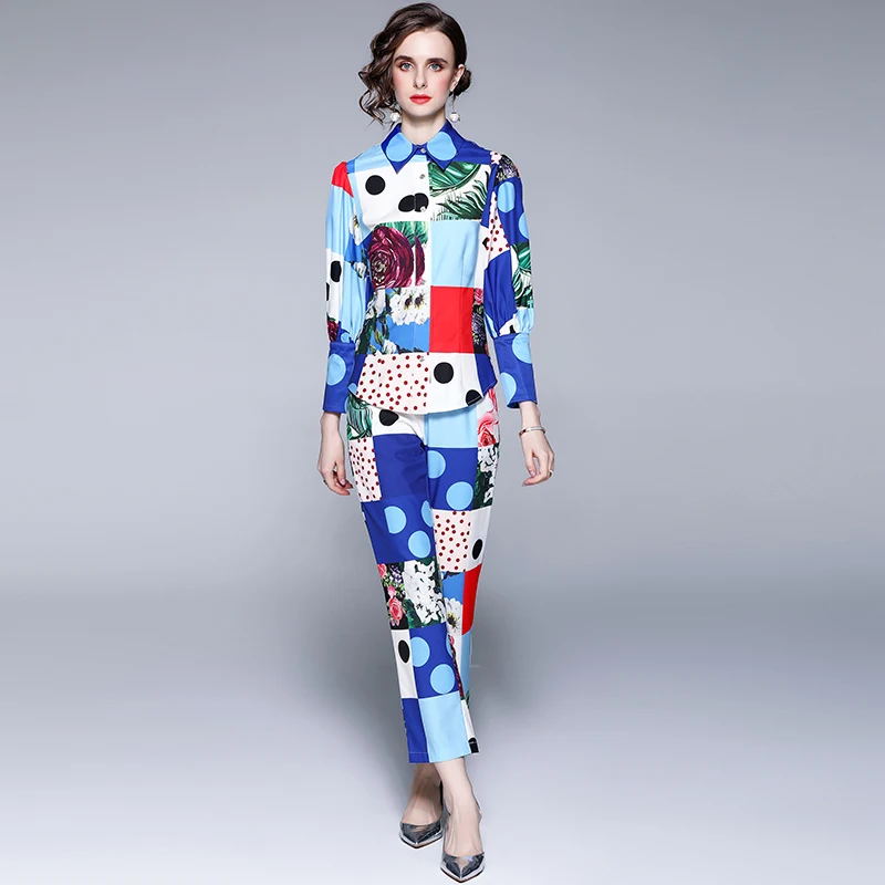 2021 Women\'s New Fashion Summer Runway Two Piece Set Blue Contrast Plaid Print Shirts Tops +Hight Waist Pencil Suits