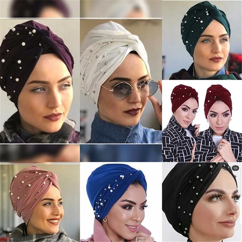 2022 New Elastic Muslim Women Jersey Hijab Cotton Twist Turban Caps Female Head Scarf Wraps Pearls Turbante Mujer India Hat