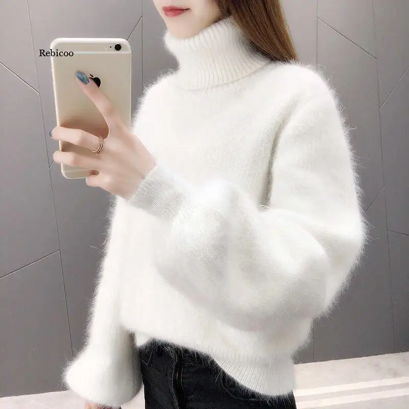 Oversized Cropped Sweater Turtleneck Women Winter Clothes Knitted Fluffy Woman Sweaters Korean Pullover Vintage Jumper Pink