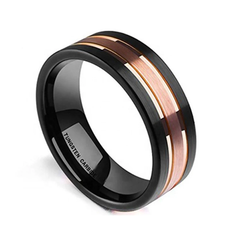 8MM Mens Tungsten Carbide Ring Two-Tone Black Rose Gold Plated Brushed Finish Comfort Fit Fashion Jewelry