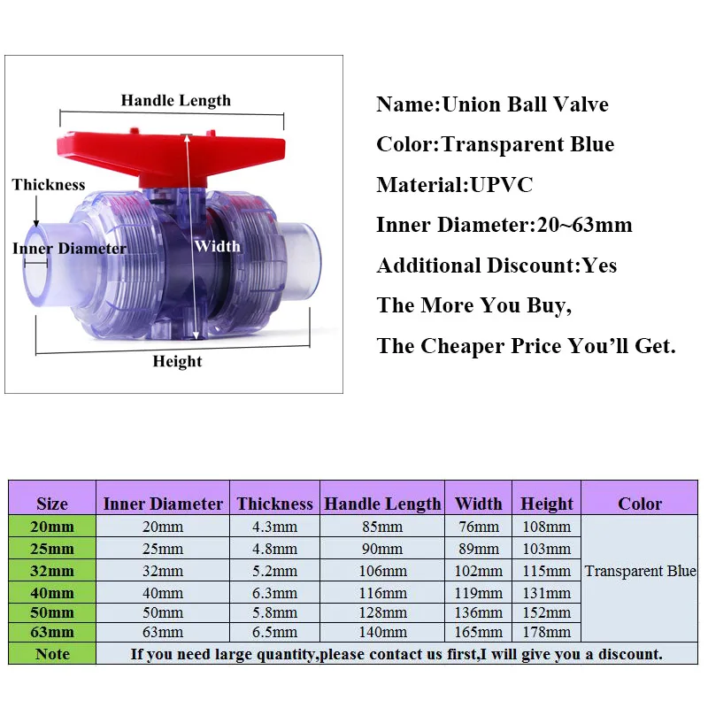 1PC 20mm~63mm UPVC Union Ball Valve Transparent PVC Pipe Adapter Fittings Garden Irrigation Aquarium Fish Tank Tube Connectors