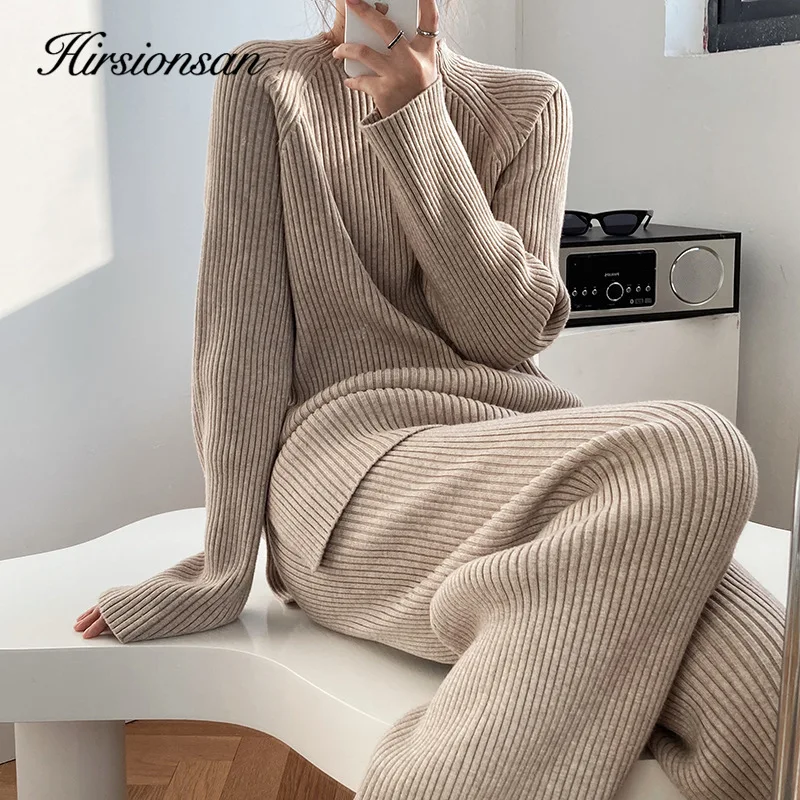 Hirsionsan Soft Cashmere Knitted Sets Women 2023 Autumn Winter Casual Two Pieces Sweater and Pants Outfits Solid Tracksuit Lady