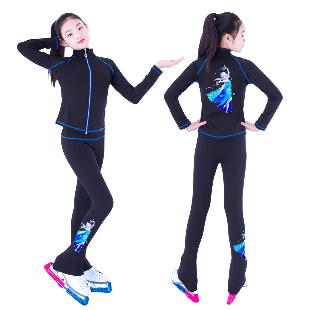 Aangepaste Figuur Schaatsen Suits Jas En Broek Lange Broek Voor Meisje Vrouwen Training Schaatsen Warm Zwart Roze Mesh Mouwen