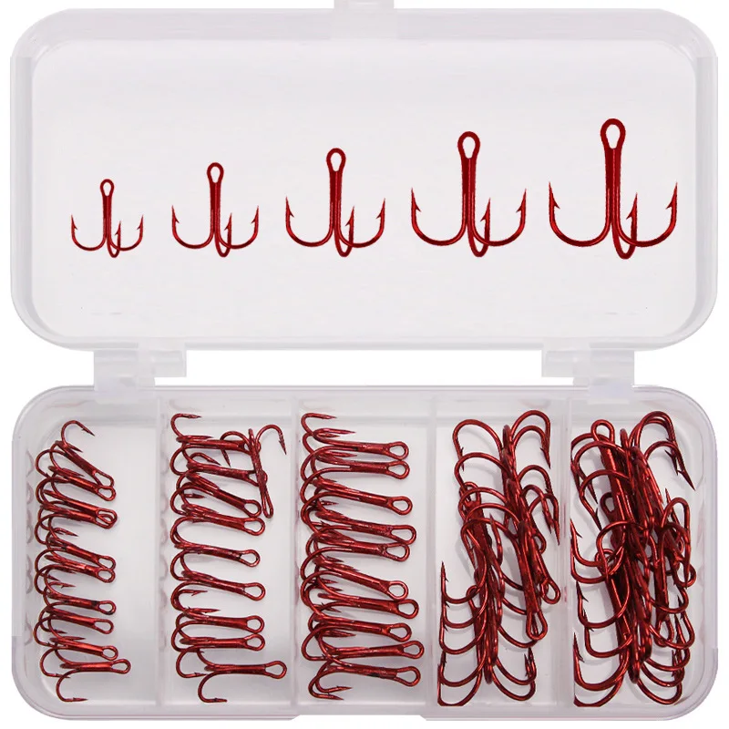 Red-nickel three 3 anchor hook set box barbed high carbon steel fishing treble hooks 3 way swivel fishing triple hook