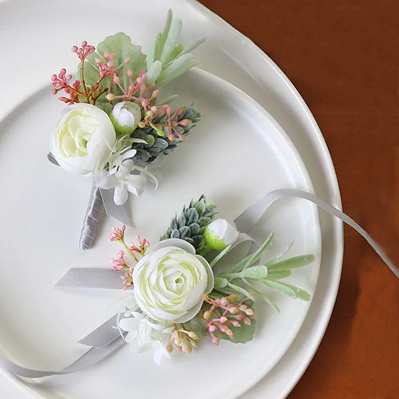 Corsages et Boutonnières de Mariage, Accessoires de Marié, Bracelets de Demoiselle d'Honneur, Broche de Corsage, Fleurs Artificielles, Décoration de Bal