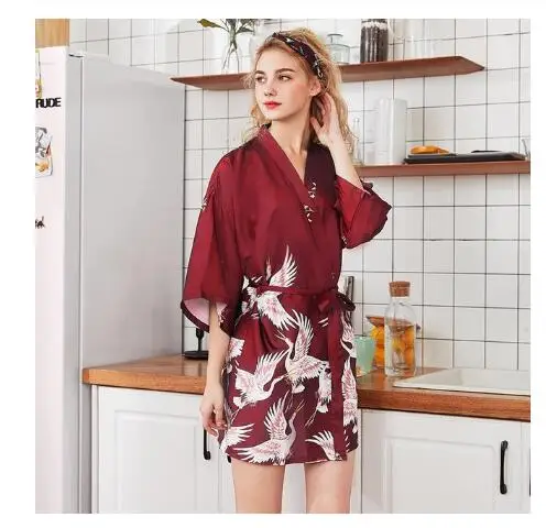 Fashion Women\'s Summer Mini Kimono Robe Lady Rayon Bath Gown Yukata Nightgown Sleepwear Sleepshirts Pijama Mujer Size M-XXL