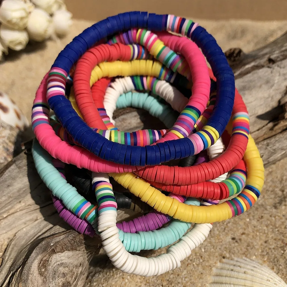 Bohemian Ethnic Style Bracelet Polymer Clay Bracelets Women Handmade Mixed Color Soft Ceramic 6mm Elastic Rope Bracelet