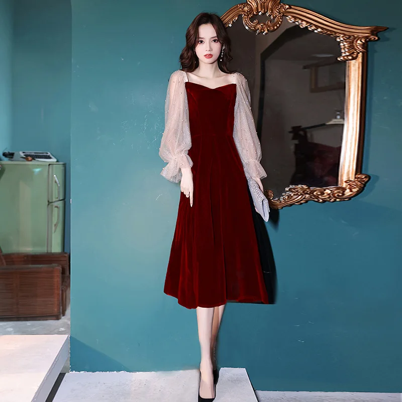 

2021 Sexy Square Neck Evening Dress Wine Red Long Sleeve Beading Praty Dresses Elegant Formal Wedding Toast Dress