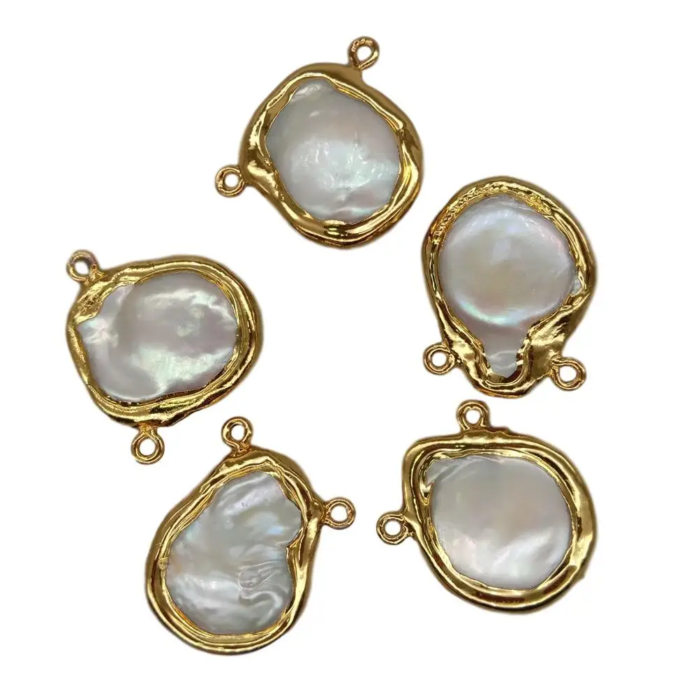 

5 pcs Wholesale Cultured White Keshi Coin Pearl Pendant Double Ring Metal Bezel