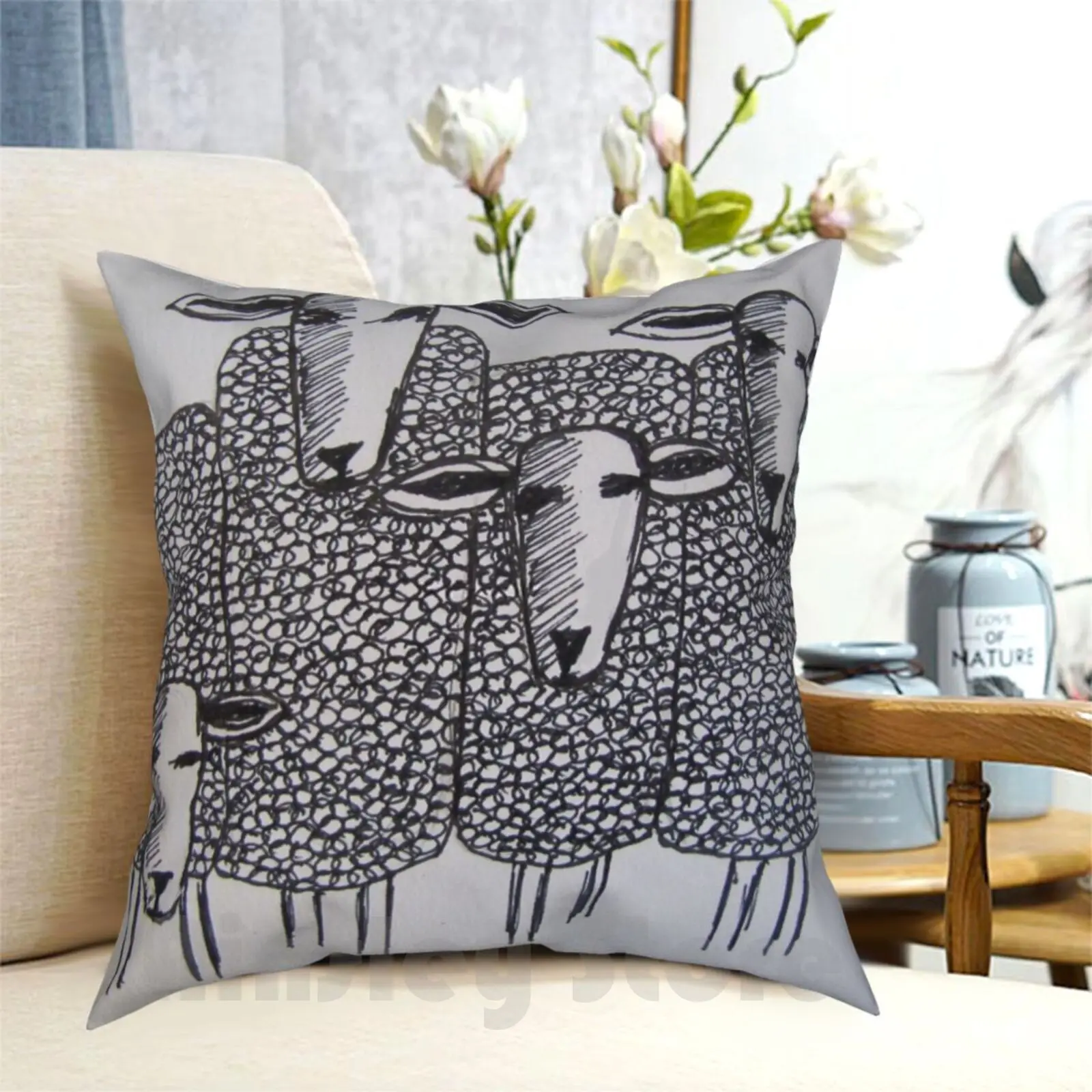 Whimsical Sheep ( Drawing ) Pillow Case Printed Home Soft Throw Pillow Sheep Farm Art Rural Sheep Drawing Black And