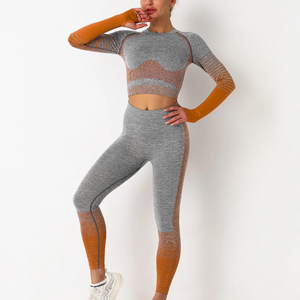 Women Seamless Striped Yoga Set 2Pcs Gym Clothes High Waist Leggings+Long Sleeved Crop Tops Gradient Running Training Sportswear