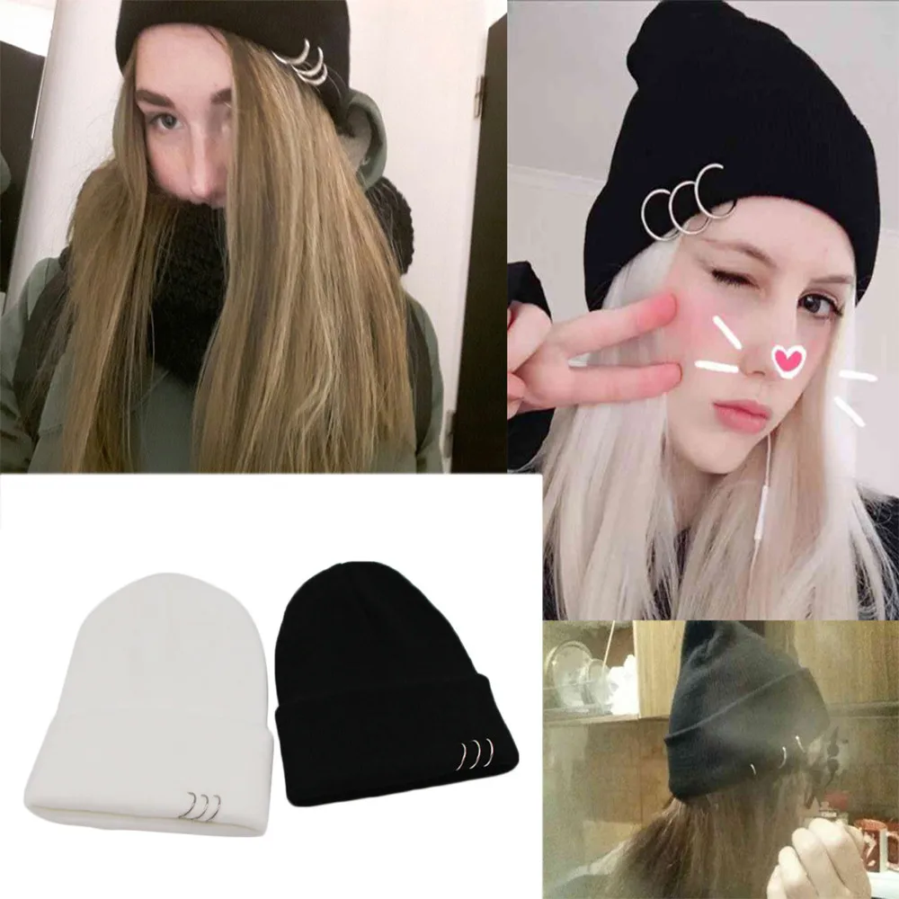 New Winter Warm Knitted Beanie Cap Women's Solid Wool Knitted Hat Kpop Style Metal Ring Buckled Beanie Elegant All-match Hat