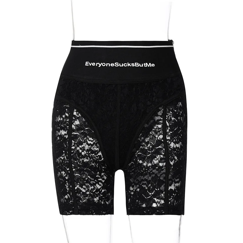 Sexy Letter Print Black Lace Shorts Women Activewear Fitness Sport High Waist Patchwork Zipper Biker Shorts Women Clothing