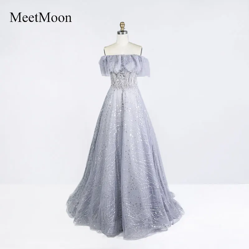 MeetMoon Bling Bling Sequined Off Shoulder Illusion Bodice A-line Evening Dress Long Formal Party Gown Robe De Soiree ME007