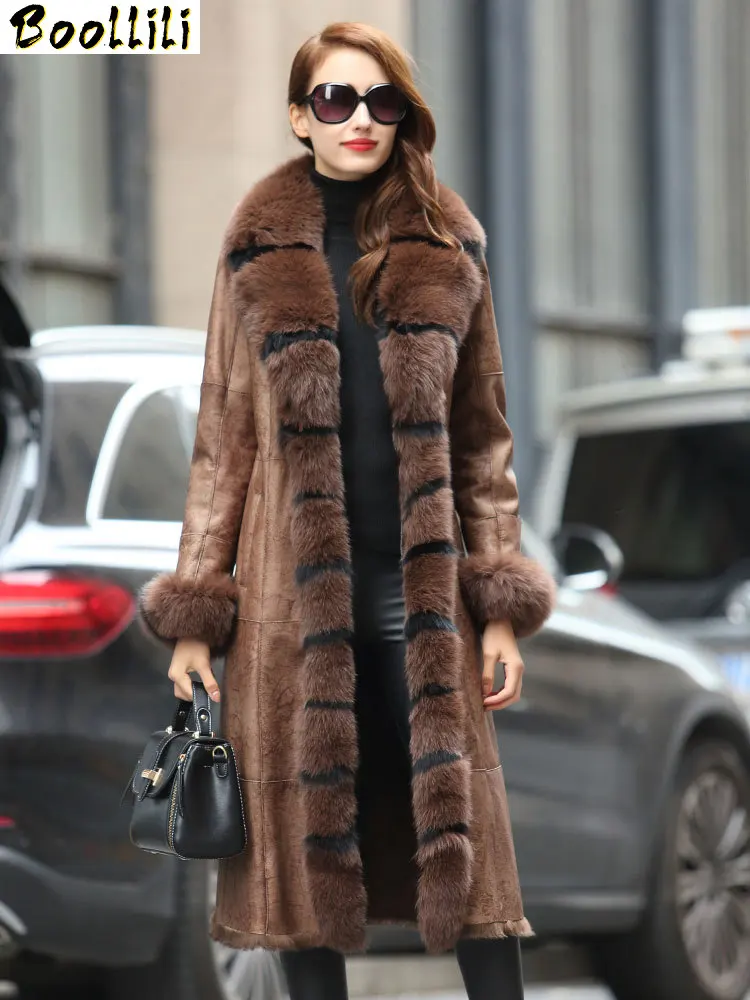 

Double Faced Boollili Real Fur Coat Female Luxury Rabbit Fur Coats Winter Coat Women Fox Fur Collar Real Leather Jacket