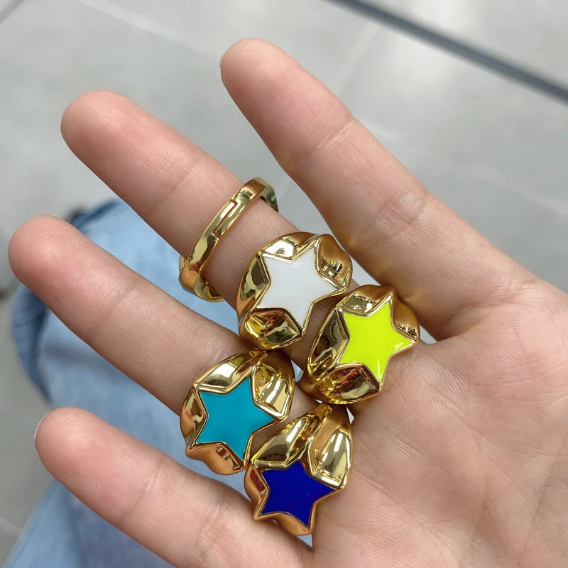 5Pcs/Lot Fantastic Multicolor Enamel 18K Gold Plated Color Raised Brass Star Adjustable Ring