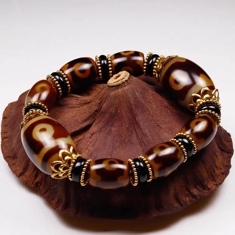 Tibetan Three-nine Eyes Dzi Beads Bracelets Agate Chalcedony Men and Women Writing Buddhist Beads Ethnic Bracelet