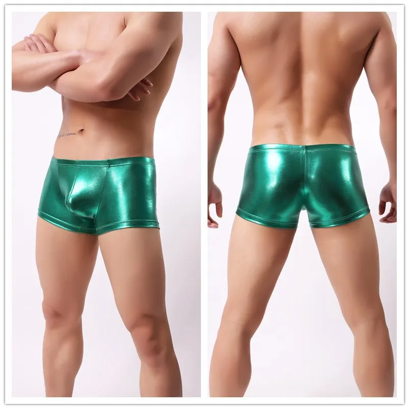 Boxer de couro brilhante para homens, U bolsa convexa, patente, Wetlook, troncos brilhantes, cuecas legais, shorts de cueca