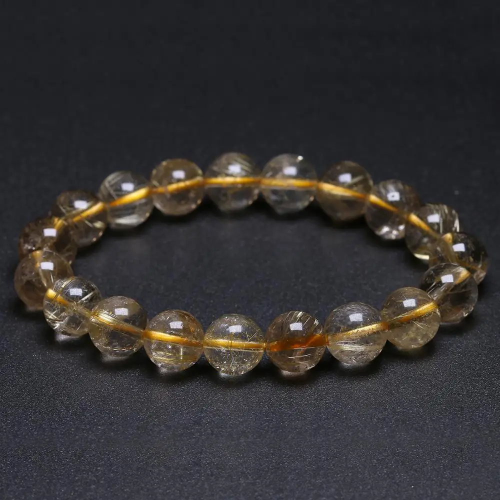 Brazil 100% Natural Gold Rutilated Quartz Round Beads Bracelet Women Men Crystal Gem Reiki Stretch Certificate