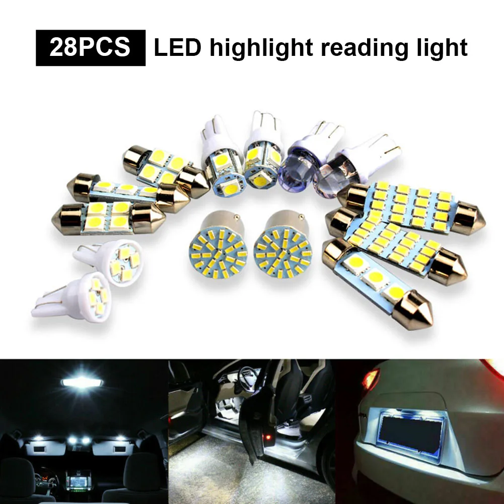 28Pcs 6000K 10W Auto Car Interior LED Light Dome License Plate Mixed Lamp Interior Dome Light Trunk Lamp Parking Bulbs Set