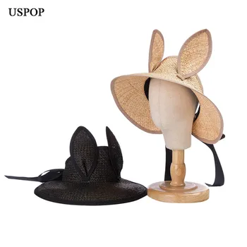 USPOP Summer Sun hats New Ears Bowknot cappello di paglia in rafia fatto a mano senza corona cappello di paglia per protezione solare all'aperto per bambini S 54CM