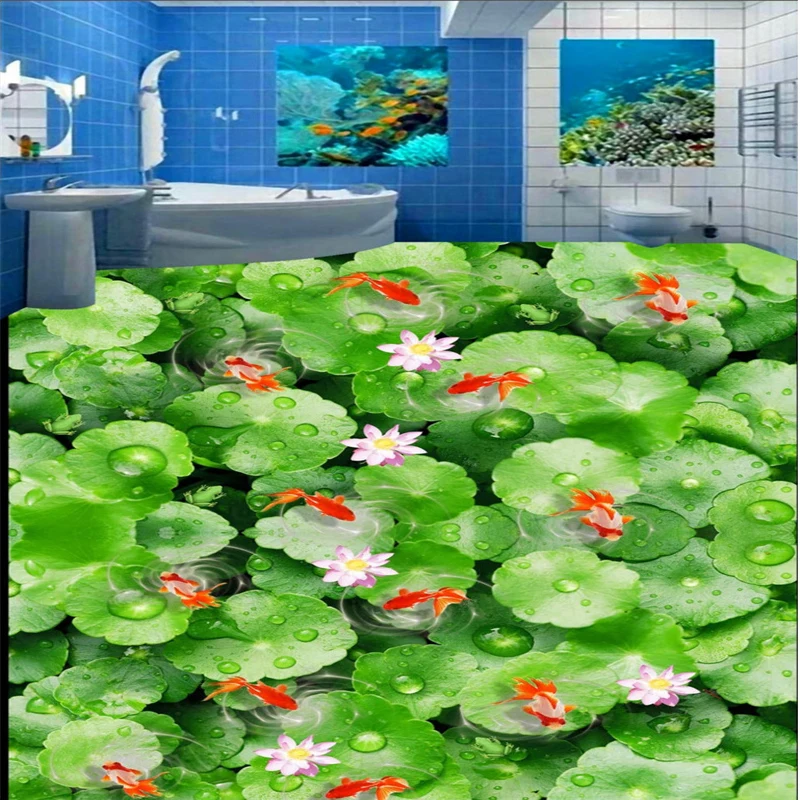 

wellyu Custom large-scale mural pvc floor lotus leaf lotus pond water nine fish pictures bathroom bedroom 3D waterproof floor