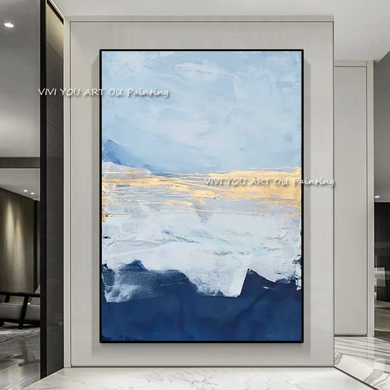100% Hand Painted Blue Gold Abstract Seascape Oil Painting, Palette Knife Gold Foil Impasto Vertical Canvas Wall Art