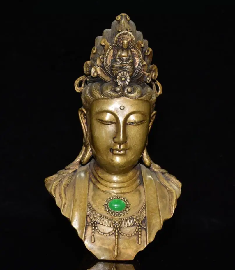 

China brass inlay gem Guanyin head crafts statue