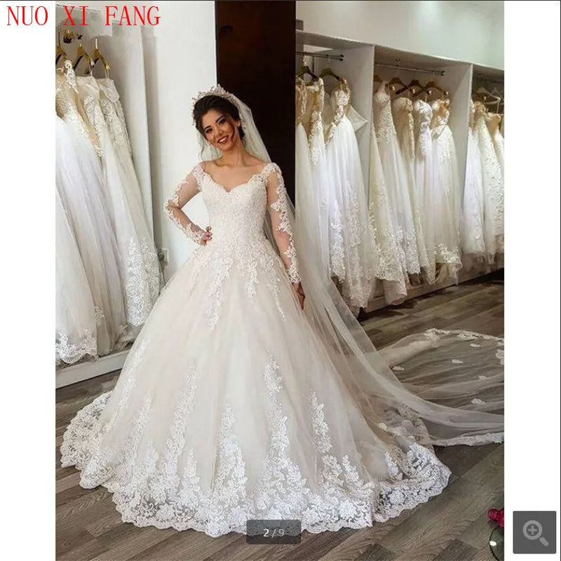 Robe de mariée romantique en Tulle, col en v, manches longues, Appliques en dentelle, coupe trapèze, Robe de mariée Vintage, 2022