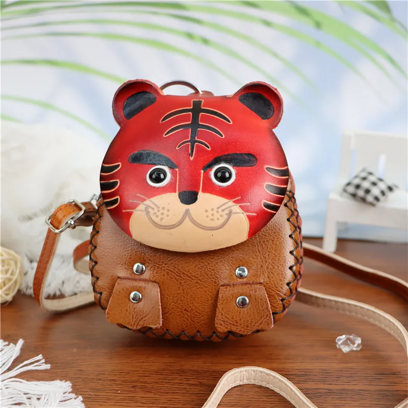 

Vegetable Tanned Cowhide Cartoon Tiger Coin Purse Car Key Bag Children'S Messenger Bag Small Gift