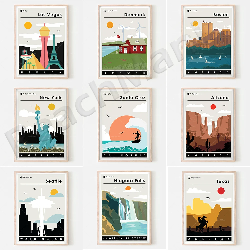 ملصقات السفر، سان فرانسيسكو، لاغونا، شلالات نياجرا، حديقة شيكاغو ميلينيوم، بورتلاند أوريغون، ديكور جدار شاطئ ميامي #1