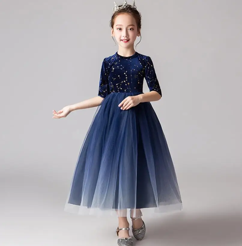 

Elegant Long Lace Sequin First Communion Dress Beads Dark Blue Tulle Girl Evening Pageant Gown Flower Girl Dresses for Wedding