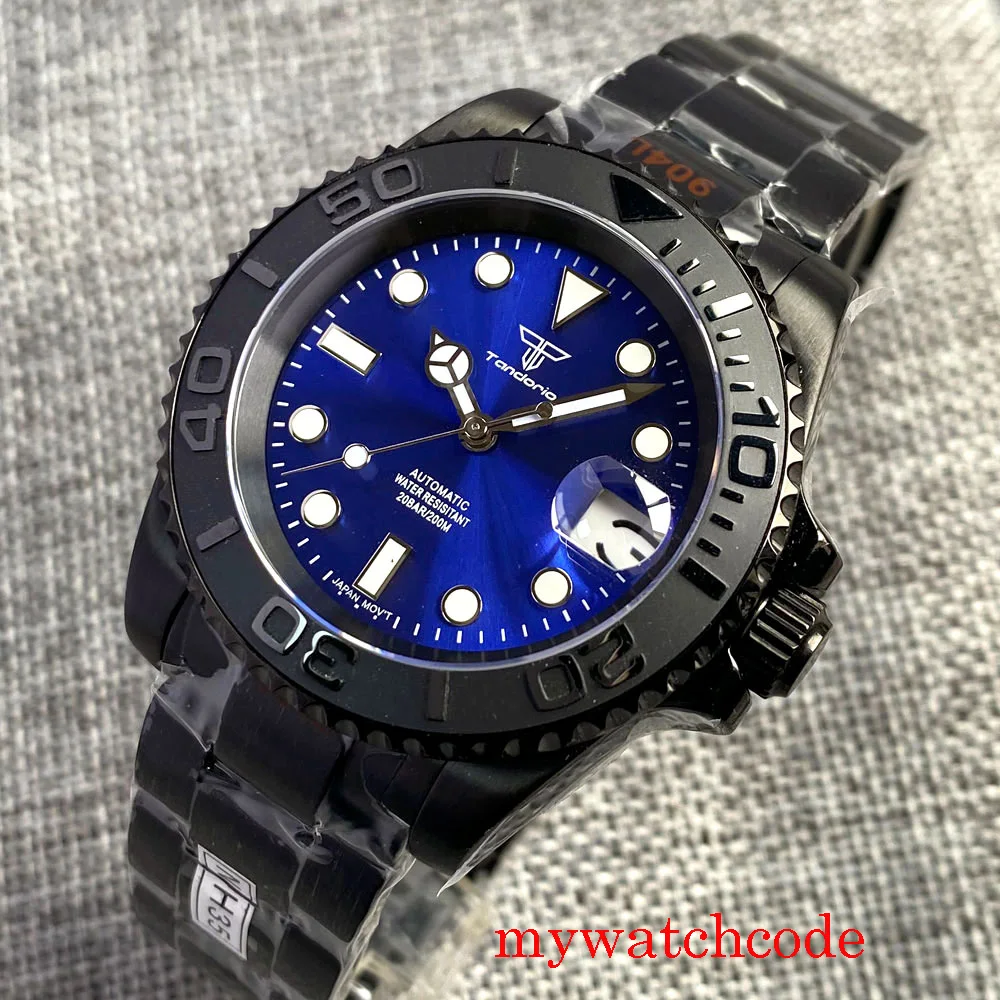 Tandorio 40 mm negro PVD Coatedd pulsera de cristal de zafiro NH35 reloj automático para hombre bisel unidireccional