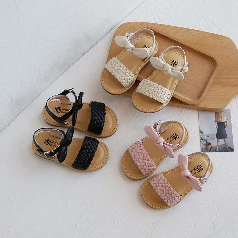 Kids Shoes for Girl Sandals Summer Cute Bow Weave Baby Girl Shoes Flat Heels Infant Girls Beach Sandals SMG248